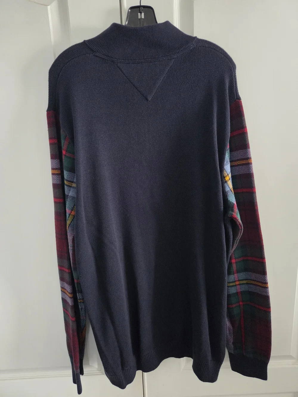 Tommy Hilfiger Navy Half-Zip Sweater with Plaid Sleeves